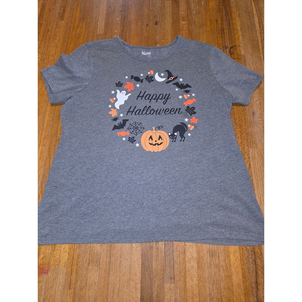 Basic Editions Women XL Gray Happy Halloween Ghost Bat Candy Corn Spider T-Shirt